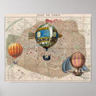 Luftballons über Paris Vintage-Frankreichkarte Poster