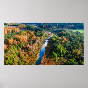 Luftbild des Winding River Sonniger Herbstwald Poster