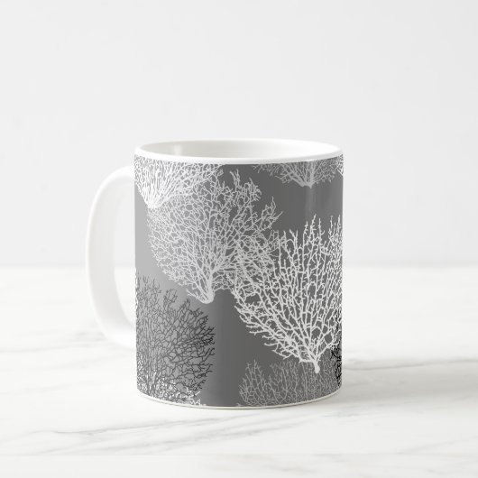 Lüfterkorallenprint, Silbergrau/Grau Kaffeetasse (Vorderseite Links)