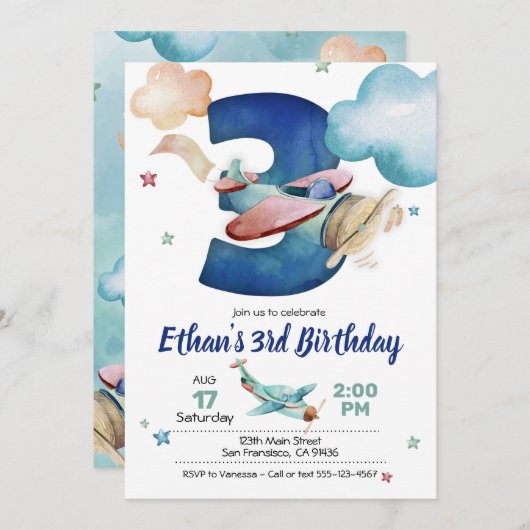 Luftfahrzeug 3. Geburtstag Einladung - Thema Flugz (Vorne/Hinten)