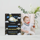 Luftfahrzeug Geburtstagseinladungen Blaues Schwarz Einladung (Stehend Vorderseite)