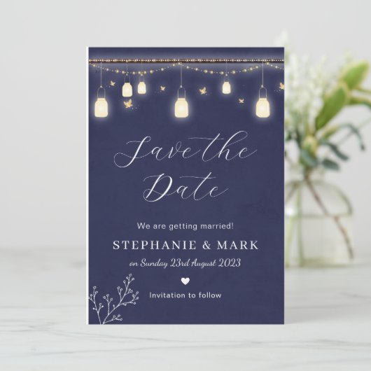 Luftfeuchte Save the Date, blaue Hochzeit der Mari Einladung (Stehend Vorderseite)