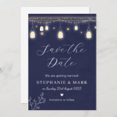 Luftfeuchte Save the Date, blaue Hochzeit der Mari Einladung (Vorne/Hinten)