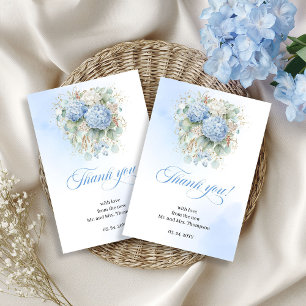 Luftige blaue Blumen-Eukalyptus-Hochzeit-Dankeskar Dankeskarte