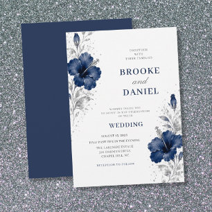 Luftige Navy-Hibiskus-Silber-Sparkling-Hochzeit Einladung