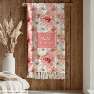 Luftige rosa und goldene moderne Tintenblumenmonog Fleecedecke