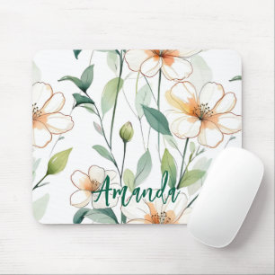 Luftige weiße Blumen Grünes Muster Blüte Floral Mousepad