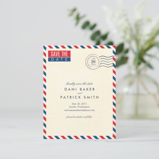 Luftpost Hochzeit Datum speichern Save The Date (Stehend Vorderseite)