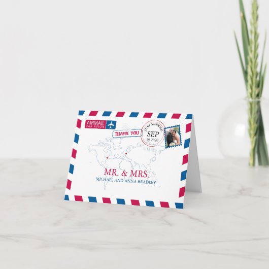 Luftpost-Hochzeit NEW YORK USA u. DEUTSCHLANDS Dankeskarte (Vorderseite)