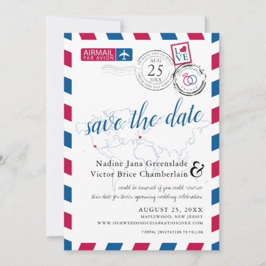 Luftpost Los Angeles und Frankreich Save the Date (Vorderseite)