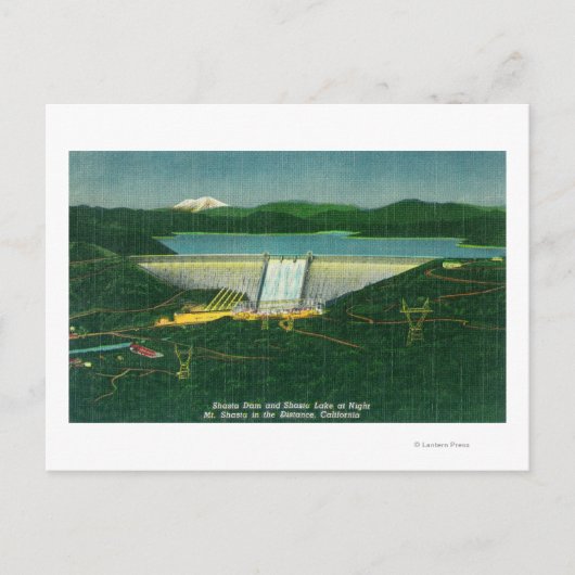 Luftsicht auf den Shasta-Damm, See, Berg bei Postkarte (Vorderseite)