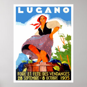 Lugano, Italien, das Mädchen macht Wein, Vintag Poster