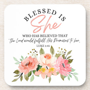 Luke 1:45 Gesegnet ist "She Floral Scripture" Getränkeuntersetzer