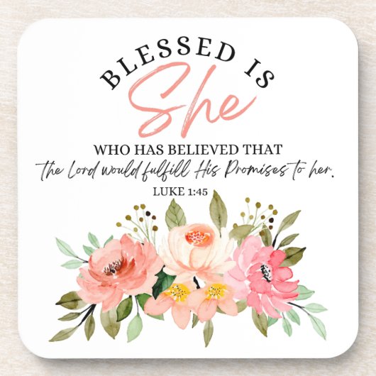 Luke 1:45 Gesegnet ist "She Floral Scripture" Getränkeuntersetzer (Vorderseite)