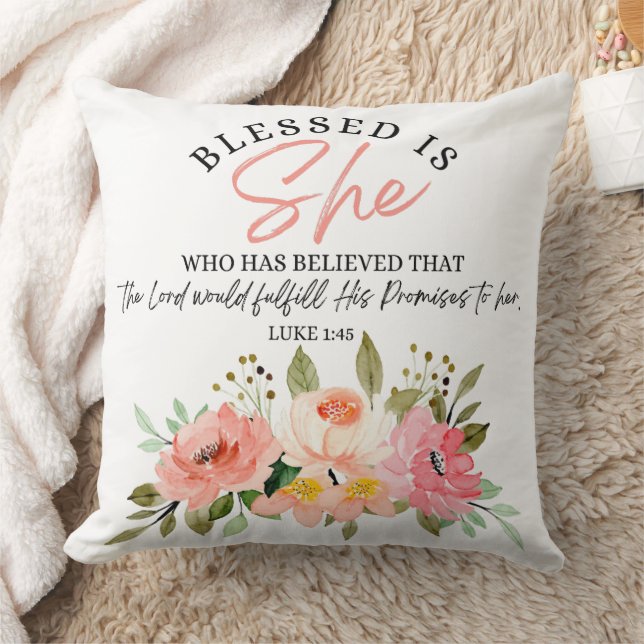 Luke 1:45 Gesegnet ist "She Floral Scripture" Kissen (Decke)
