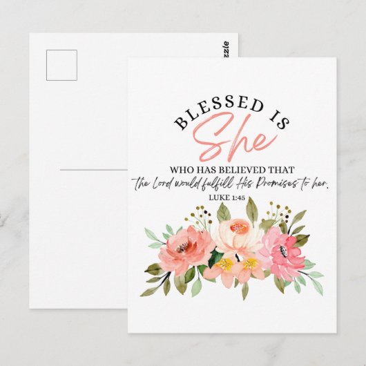 Luke 1:45 Gesegnet ist "She Floral Scripture" Postkarte (Vorne/Hinten)