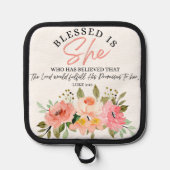 Luke 1:45 Gesegnet ist "She Floral Scripture" Topflappen (Vorderseite)