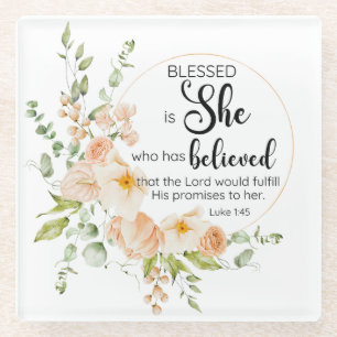Luke 1:45 Gesegnet ist "She Spring Orange Blume" Glasuntersetzer