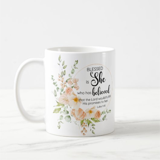 Luke 1:45 Gesegnet ist "She Spring Orange Blume" Kaffeetasse (Links)