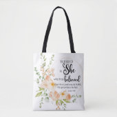Luke 1:45 Gesegnet ist "She Spring Orange Blume" Tasche (Vorderseite)
