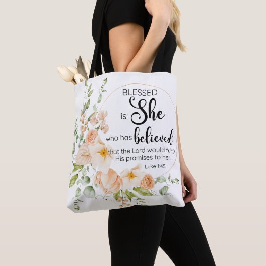 Luke 1:45 Gesegnet ist "She Spring Orange Blume" Tasche (Von Nahem)