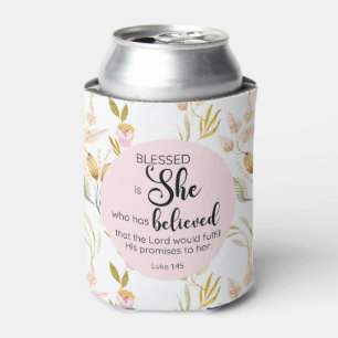 Luke 1:45 Gesegnet ist Sie Aquarell Rosa Blütenbra Dosenkühler
