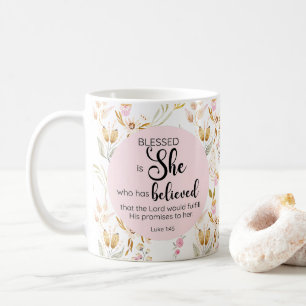 Luke 1:45 Gesegnet ist Sie Aquarell Rosa Blütenbra Kaffeetasse
