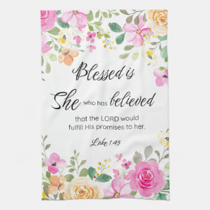 Luke 1:45 Gesegnet ist sie, Frauen-Schrift Bloral Geschirrtuch