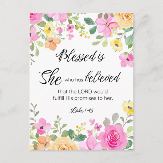 Luke 1:45 Gesegnet ist sie, Frauen-Schrift Bloral Postkarte (Vorderseite)