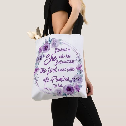 Luke 1:45 Gesegnet ist sie Lila Floral Tasche (Von Nahem)