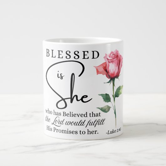 Luke 1:45 Gesegnet ist Sie Rose Blume Jumbo-Tasse (Vorderseite)