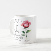Luke 1:45 Gesegnet ist Sie Rose Blume Kaffeetasse (Vorderseite Links)