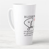 Luke 1:45 Gesegnet ist Sie Rose Blume Milchtasse (Linke Ecke)