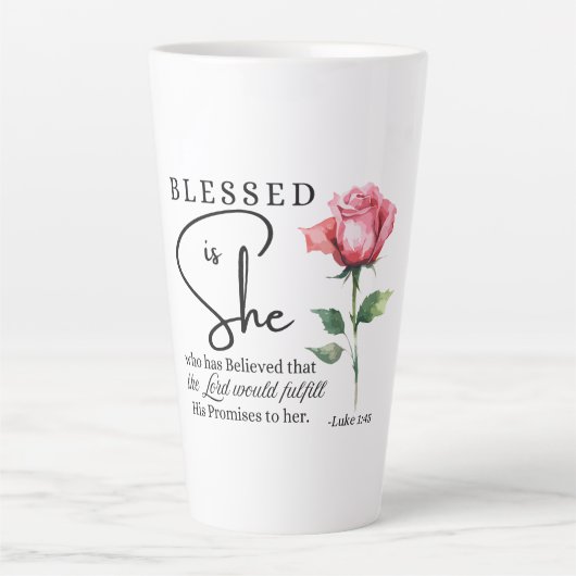 Luke 1:45 Gesegnet ist Sie Rose Blume Milchtasse (Vorderseite)