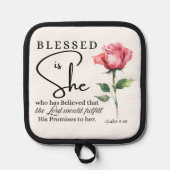 Luke 1:45 Gesegnet ist Sie Rose Blume Topflappen (Vorderseite)