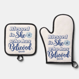 Luke 1:45 Gesegnet ist, wer glaubt Blue Blume Ofenhandschuh & Topflappen-Set