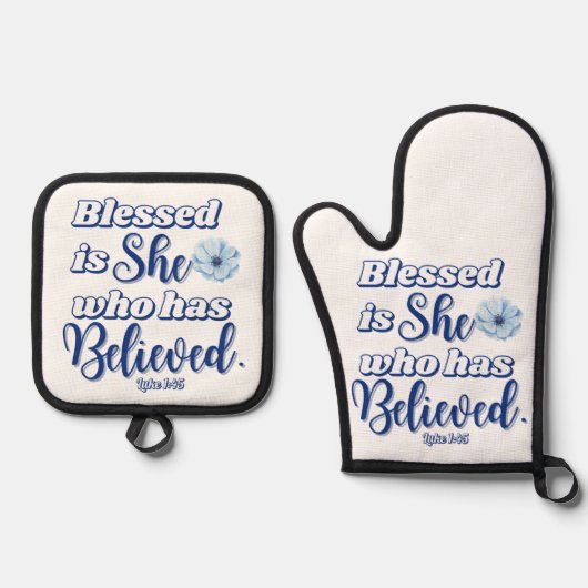 Luke 1:45 Gesegnet ist, wer glaubt Blue Blume Ofenhandschuh & Topflappen-Set (Vorderseite)