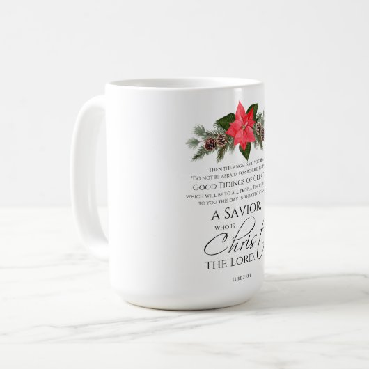 Luke 2:10-11 Gute Nachricht Poinsettia Weihnachten Kaffeetasse (Vorderseite Links)