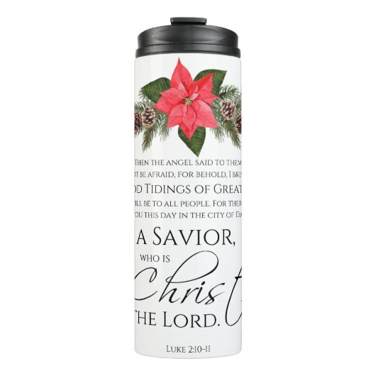 Luke 2:10-11 Gute Nachricht Poinsettia Weihnachten Thermosbecher (Vorderseite)