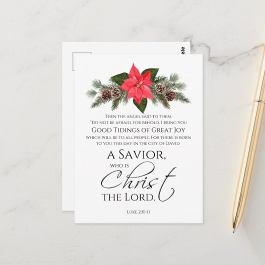 Luke 2:10-11 Poinsettia Weihnachtsschrift Postkarte (Vorderseite/Rückseite Beispiel)