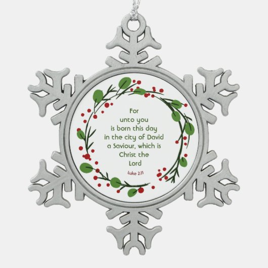 Luke 2:11 Christian Christmas Scripture Wreath Schneeflocken Zinn-Ornament (Vorderseite)