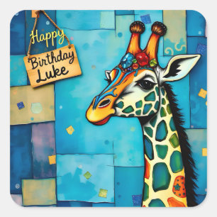 LUKE ~ HAPPY BIRTHDAY ~ Giraffe ~ Quadratischer Aufkleber