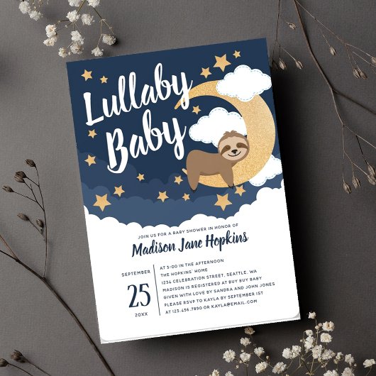 Lullaby Baby Sloth Moon Babydusche Einladung