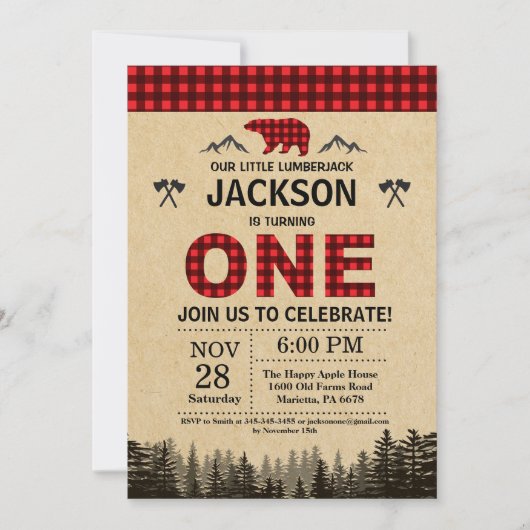 Lumberjack 1. Geburtstag Einladung Bären Woodland (Vorderseite)