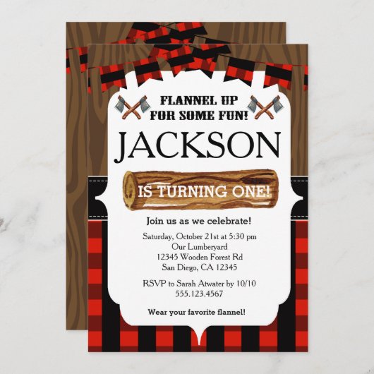 Lumberjack 1. Geburtstag Party Einladung (Vorne/Hinten)