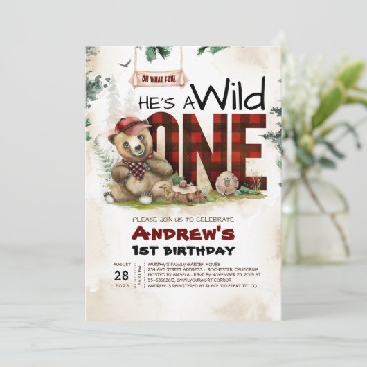 Lumberjack Bär Einladung zum ersten Geburtstag (Stehend Vorderseite)
