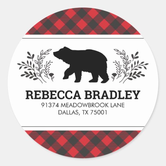 Lumberjack Bear Buffalo Karierte Rücksendeadresse Runder Aufkleber (Vorderseite)