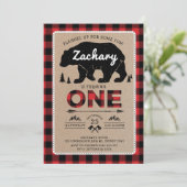 Lumberjack Bear Tartan 1. Geburtstag Woodland Part Einladung (Stehend Vorderseite)