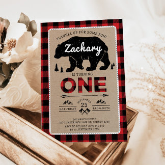 Lumberjack Bear Tartan 1. Geburtstag Woodland Part Einladung