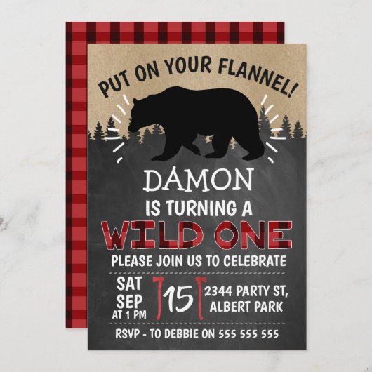 Lumberjack Bear Wild Einladung zum 1. Geburtstag (Vorne/Hinten)